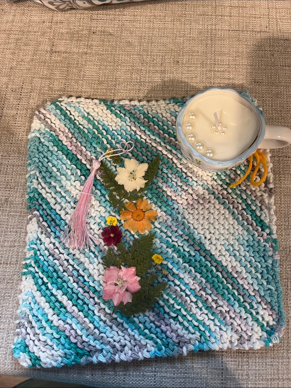 Handmade Teal, Aqua & White Knit Dishcloth - Home Kitchen Decor